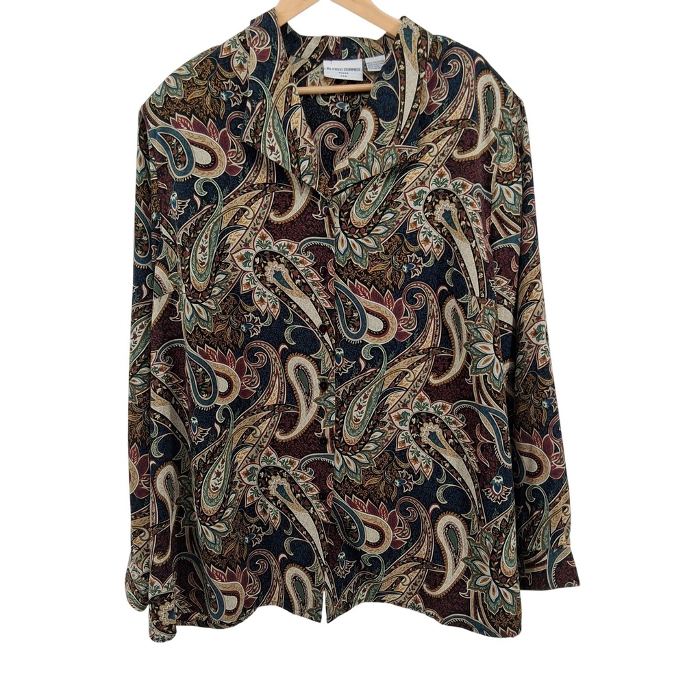 Vtg Alfred Dunner Woman 24W Blouse Paisley Print Button Down Fall Y2K Boho Retro